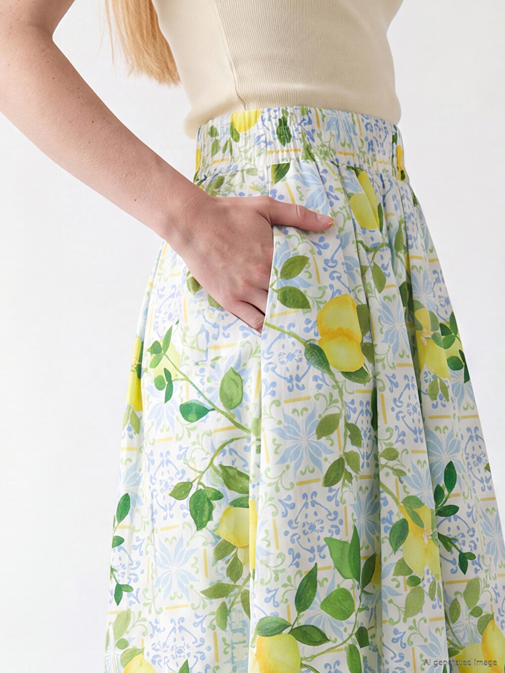 Elastic Waist Lemon Printed Pleated Skirt-2