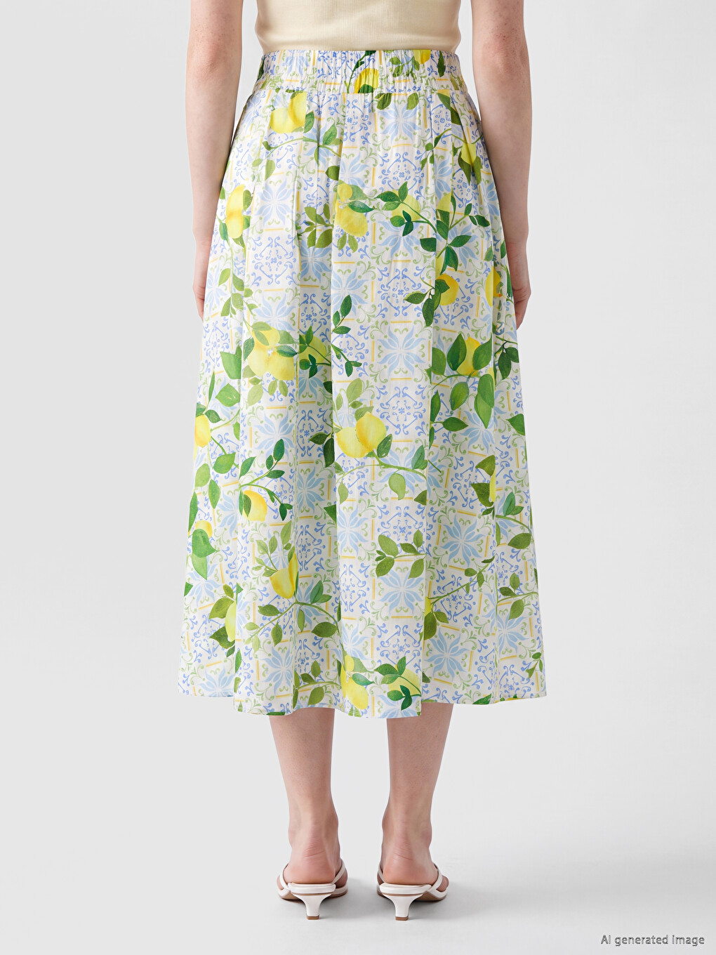 Elastic Waist Lemon Printed Pleated Skirt-3