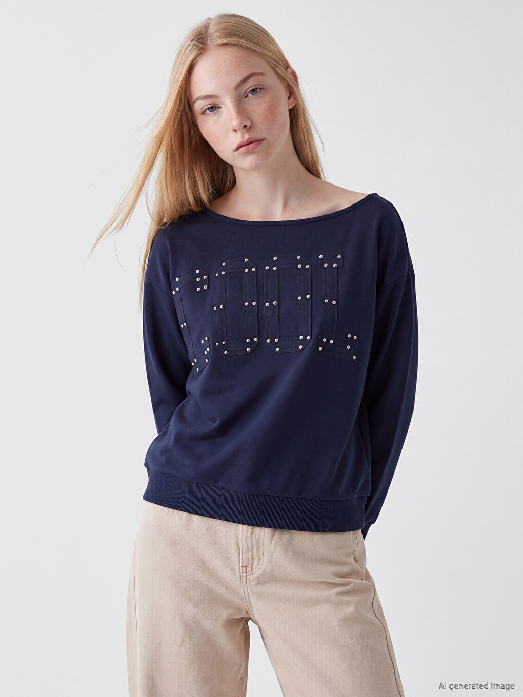 Antrasit Kayık Yaka Nakışlı Oversize Kadın Sweatshirt
