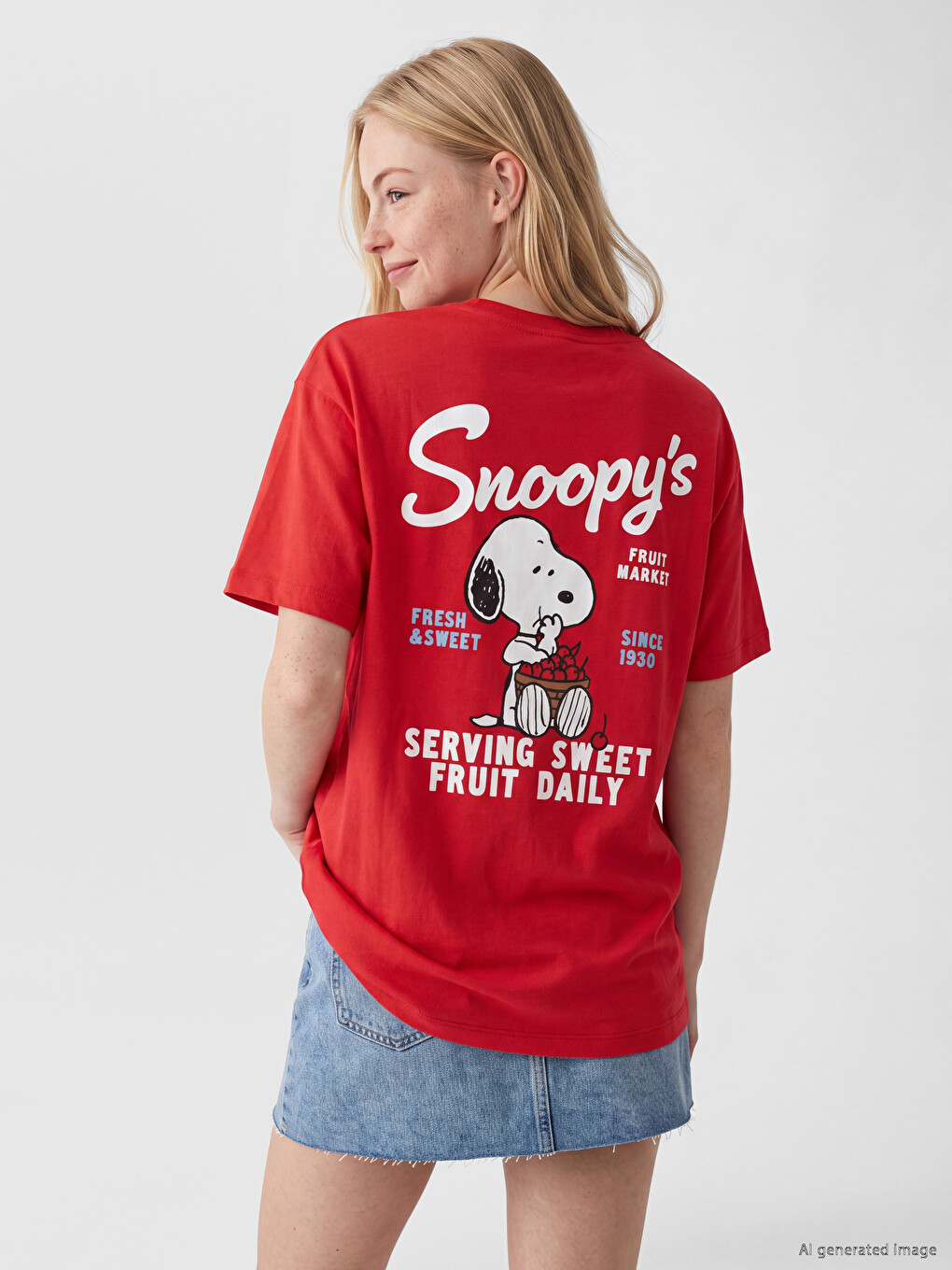 Kırmızı Snoopy Baskılı %100 Pamuklu Kadın Tişört