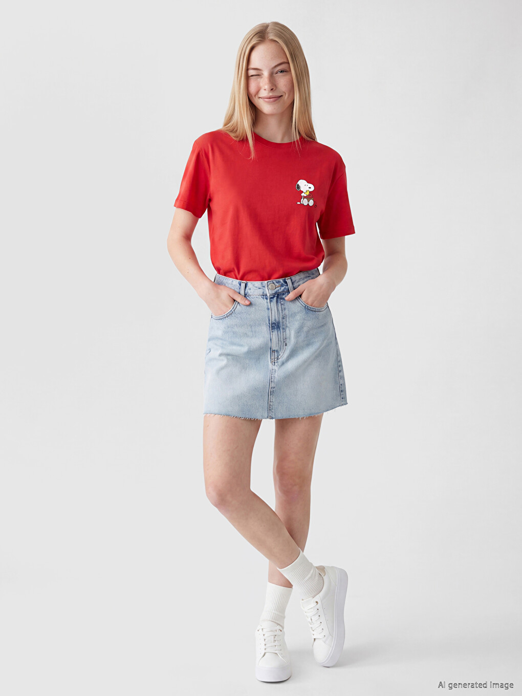 Kırmızı Snoopy Baskılı %100 Pamuklu Kadın Tişört-1