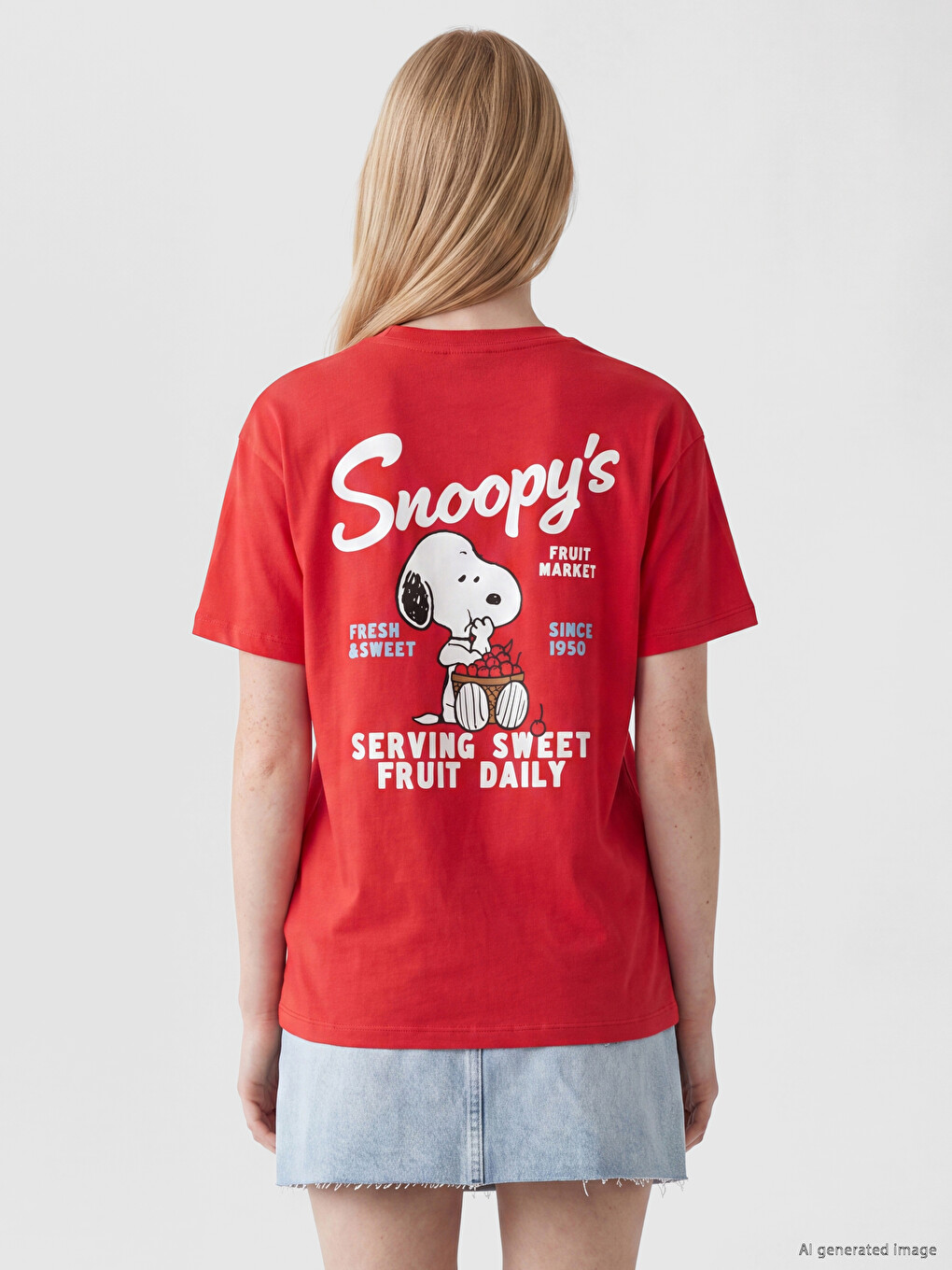 Kırmızı Snoopy Baskılı %100 Pamuklu Kadın Tişört-3
