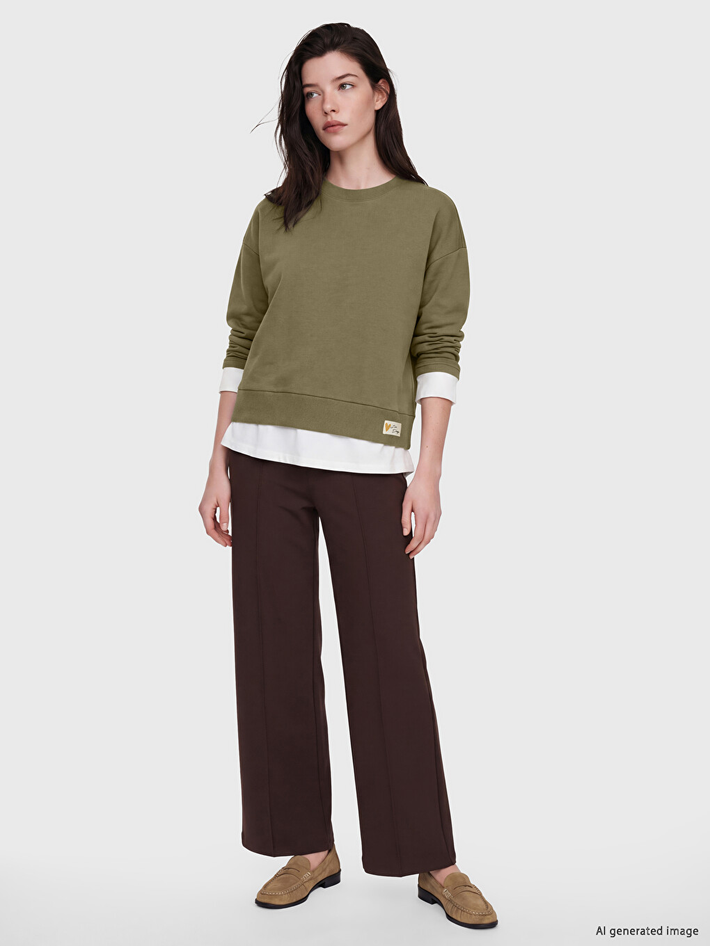 Haki Bisiklet Yaka Oversize Kadın Sweatshirt-1