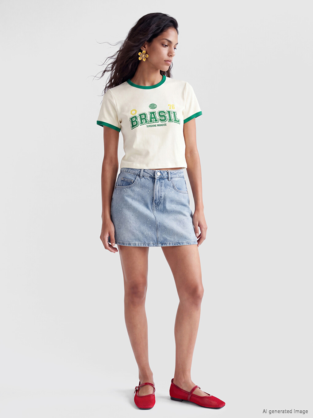 Sarı Bisiklet Yaka Baskılı Kadın Crop-1