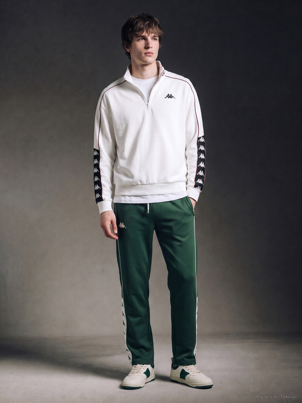 Ekru Dik Yaka Şeritli Erkek Sweatshirt-3