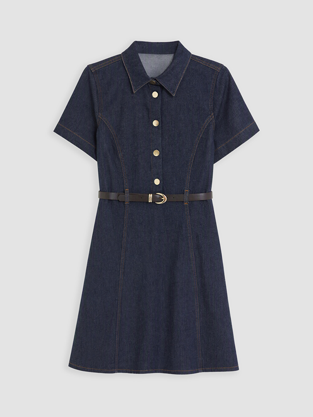 İndigo Gömlek Yaka Kemerli Mini Jean Elbise-4