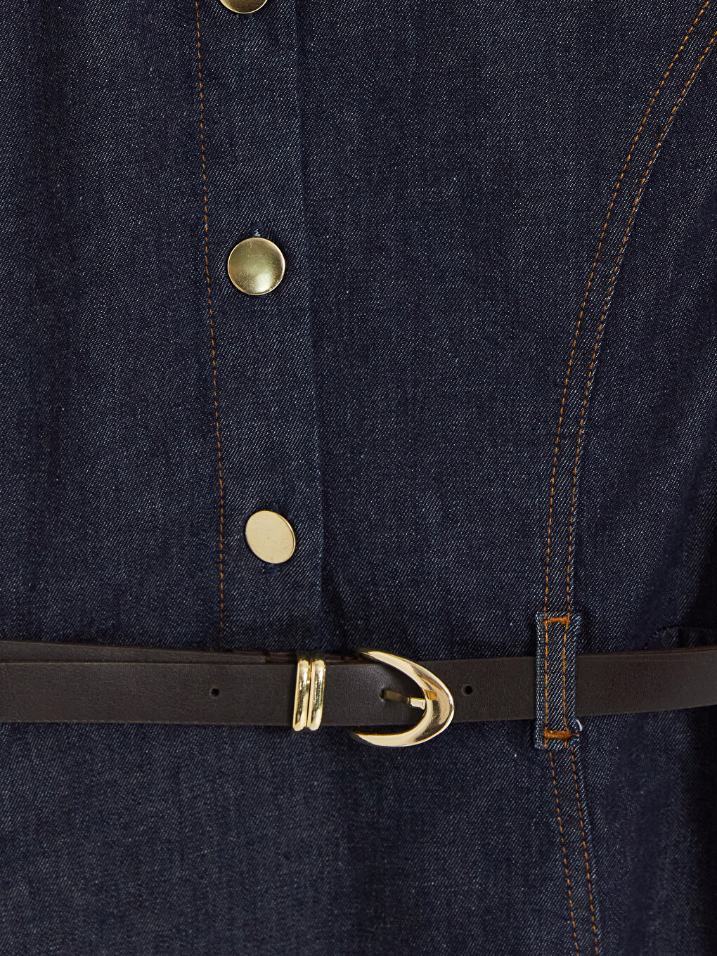 İndigo Gömlek Yaka Kemerli Mini Jean Elbise-5