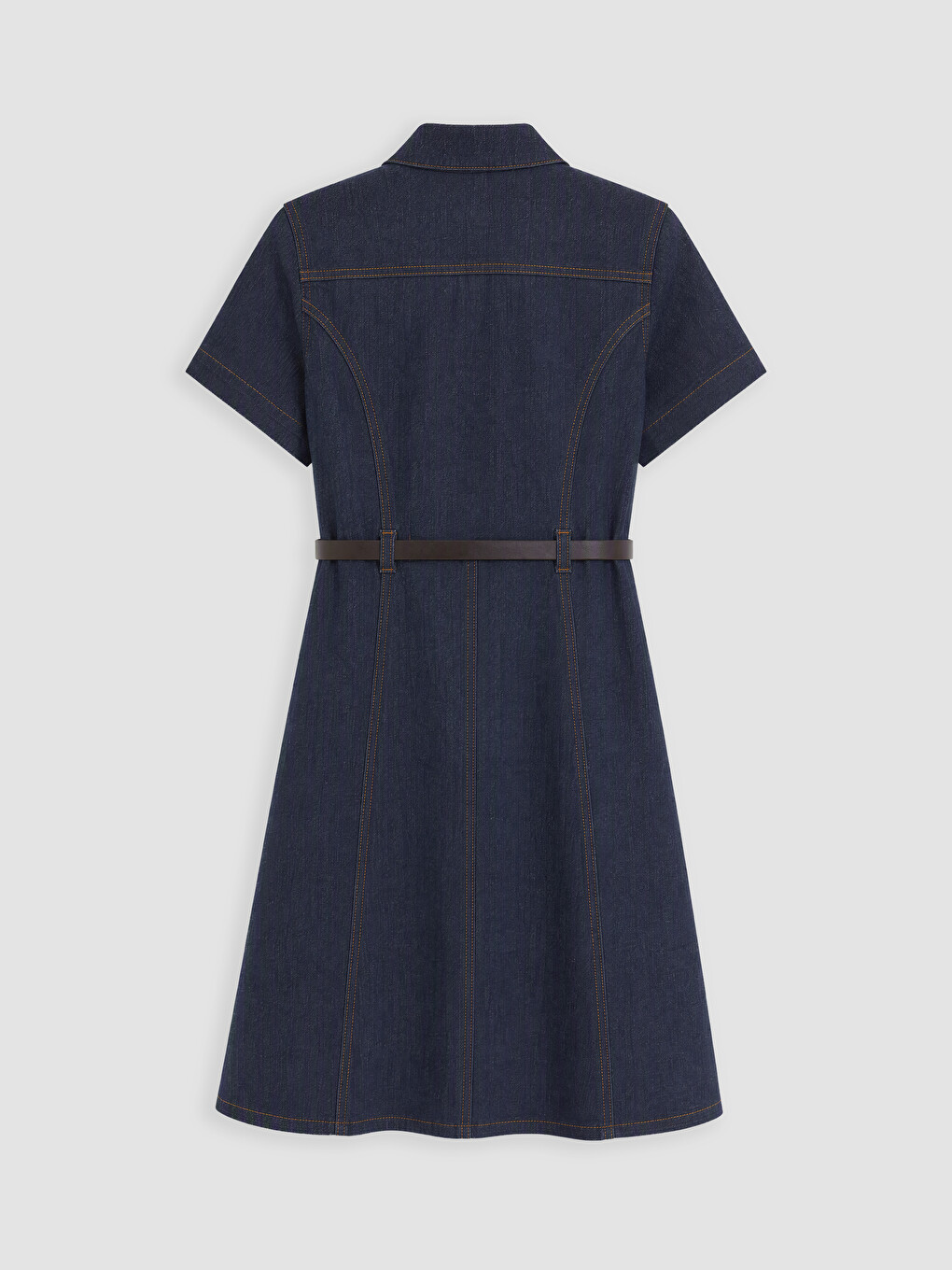 İndigo Gömlek Yaka Kemerli Mini Jean Elbise-6