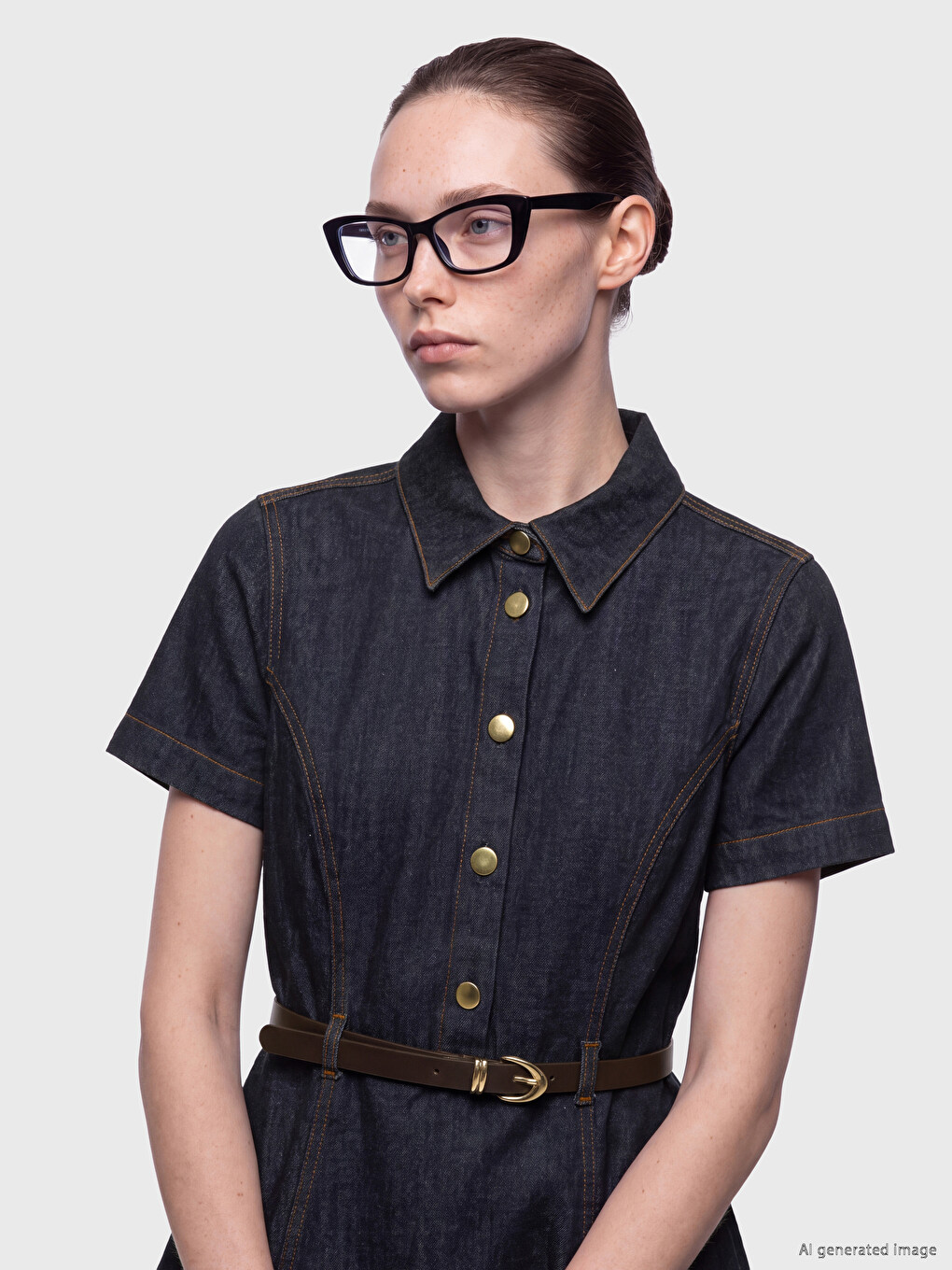 İndigo Gömlek Yaka Kemerli Mini Jean Elbise-1