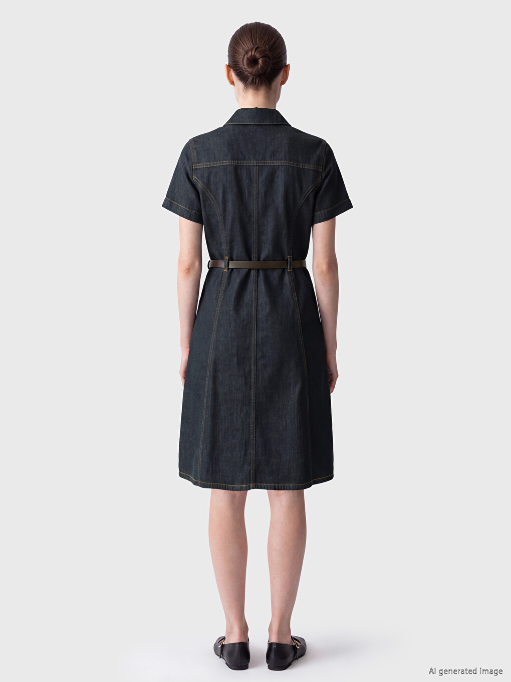 İndigo Gömlek Yaka Kemerli Mini Jean Elbise-3