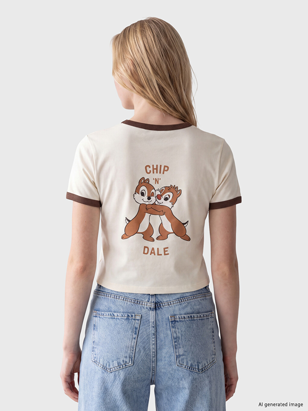 Bej Chip And Dale Baskılı Kadın Crop-4