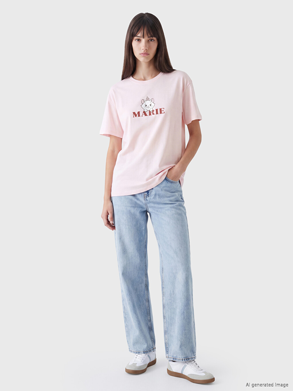 Pembe Marie Baskılı %100 Pamuklu Kadın Tişört-1