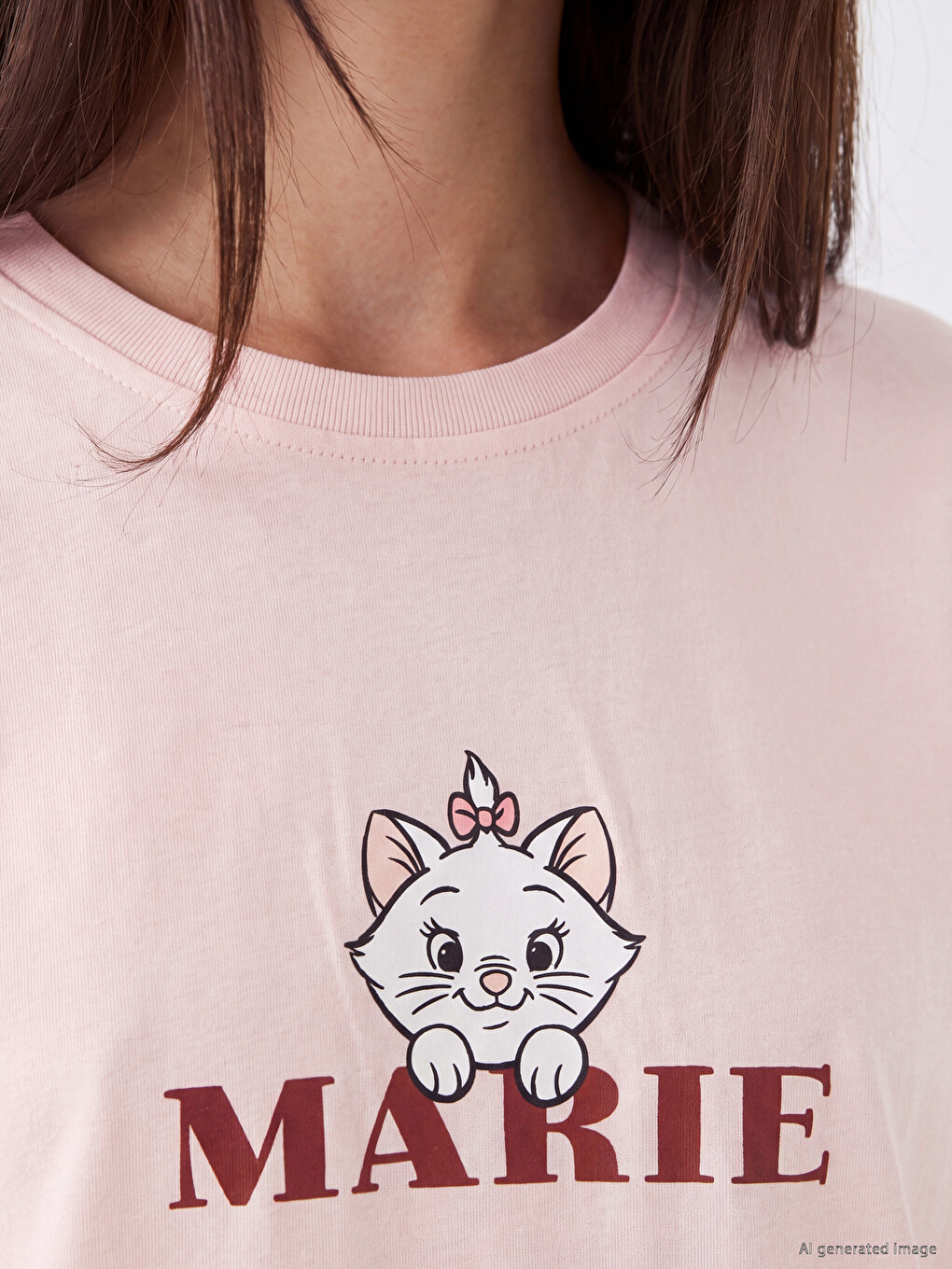 Pembe Marie Baskılı %100 Pamuklu Kadın Tişört-2