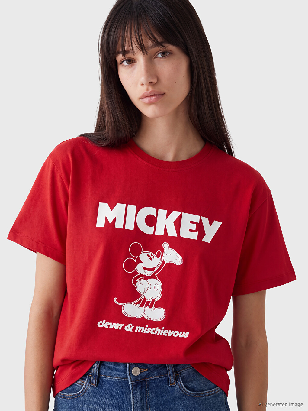 Kırmızı Mickey Mouse Baskılı %100 Pamuklu Kadın Tişört-1
