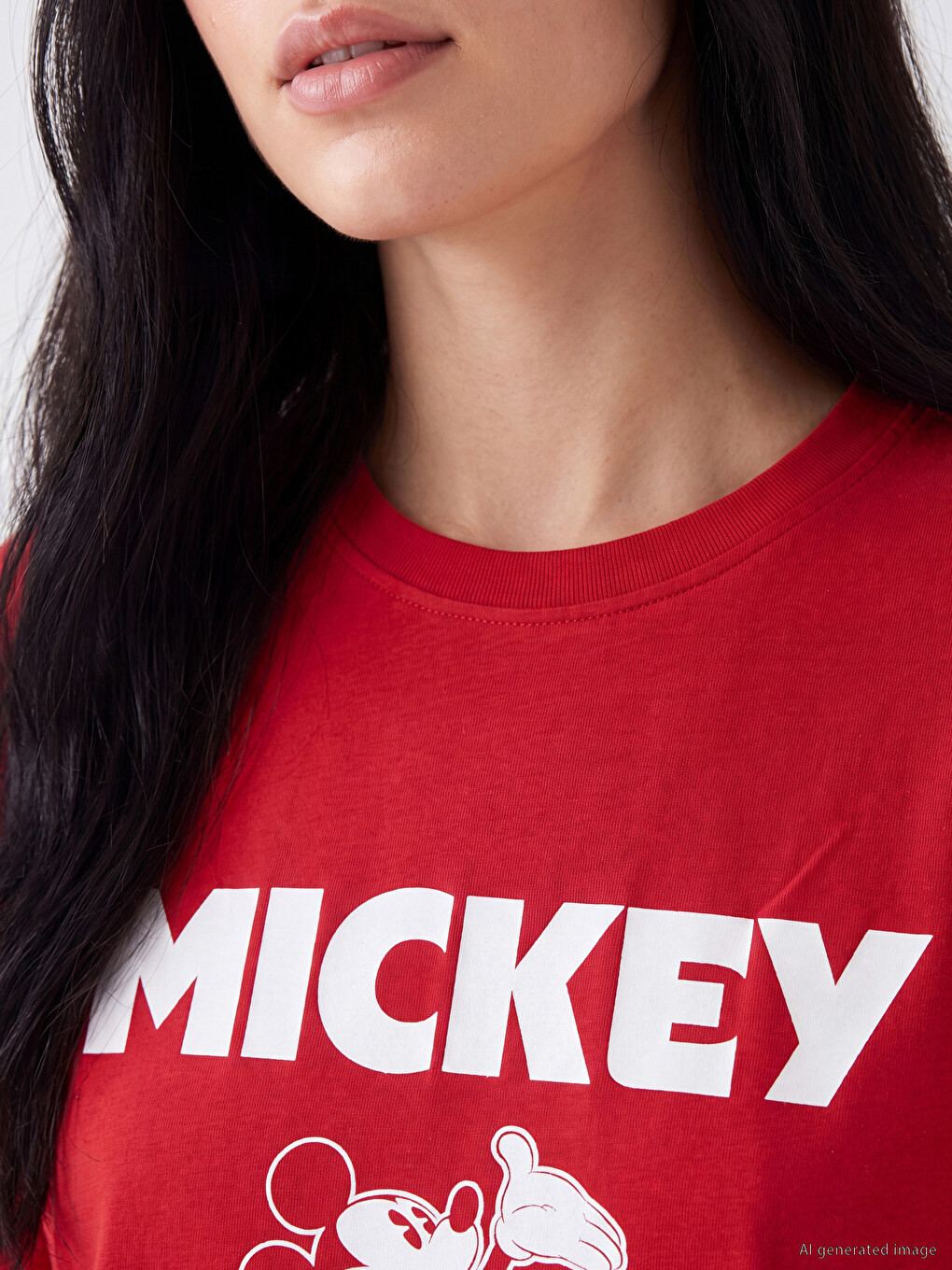 Kırmızı Mickey Mouse Baskılı %100 Pamuklu Kadın Tişört-2