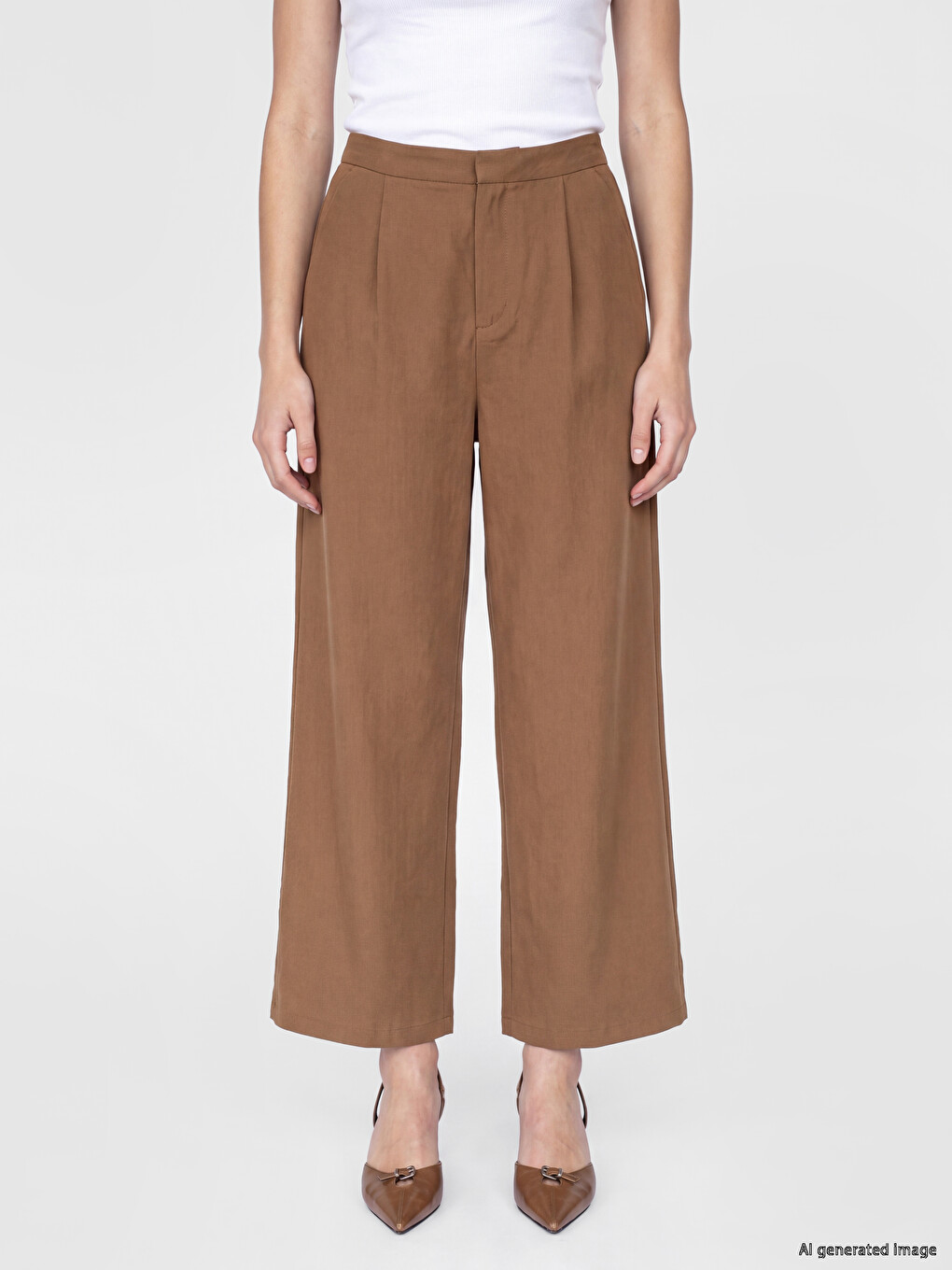 Bej Regular Fit Kadın Pileli Kumaş Pantolon-1