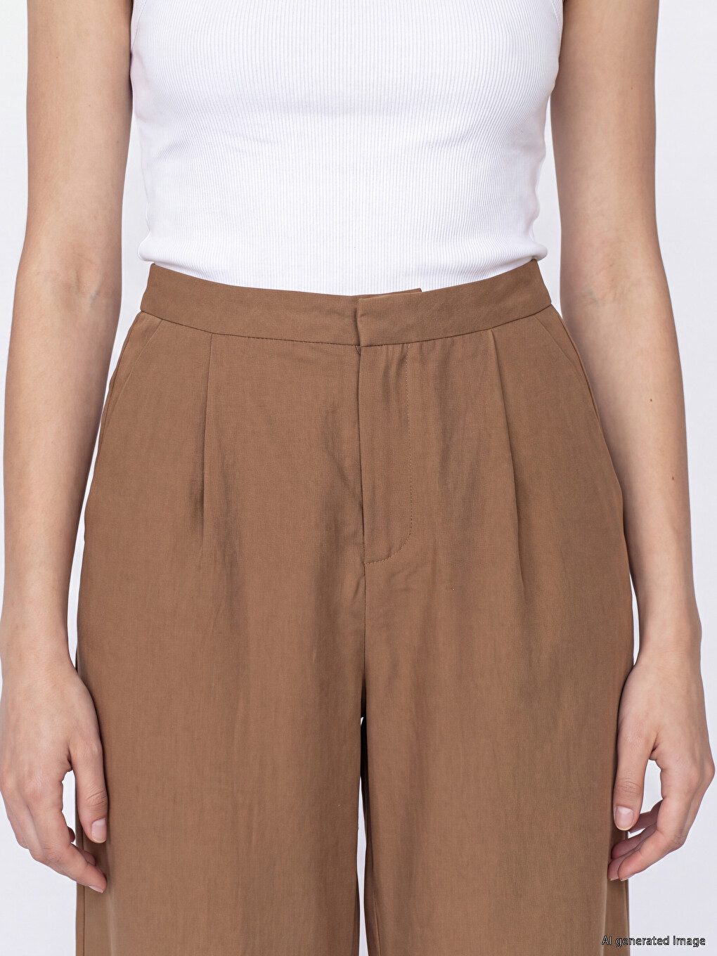 Bej Regular Fit Kadın Pileli Kumaş Pantolon-2