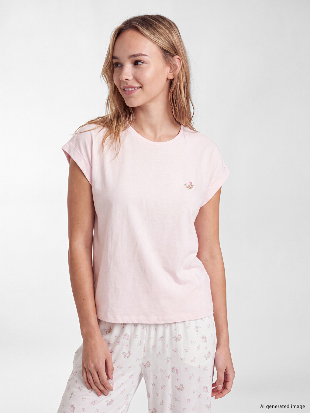 Pembe Bisiklet Yaka Nakışlı Kadın Pijama Üst