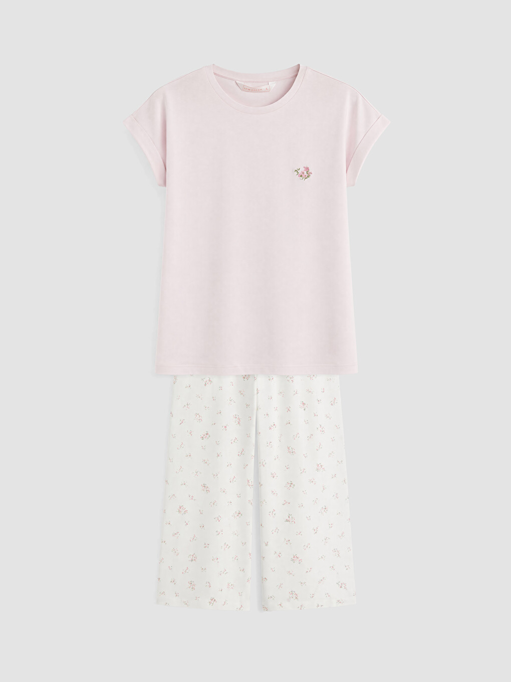 Ekru Bisiklet Yaka Çiçekli Kadın Kaprili Pijama Takımı