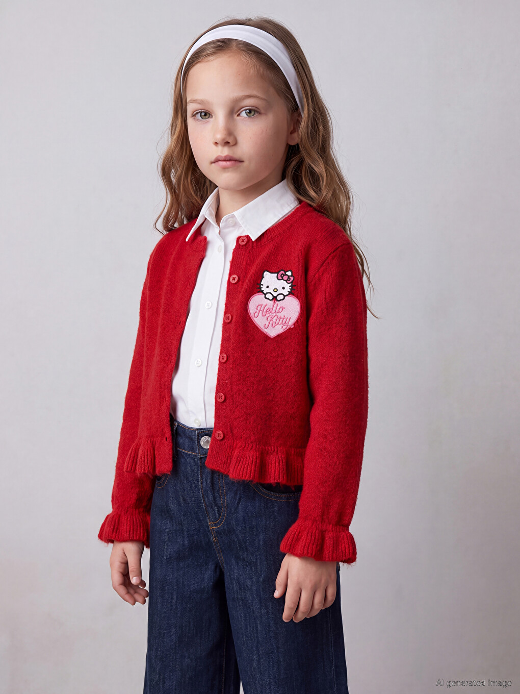 Kırmızı Hello Kitty Nakışlı Kız Çocuk Triko Hırka-1