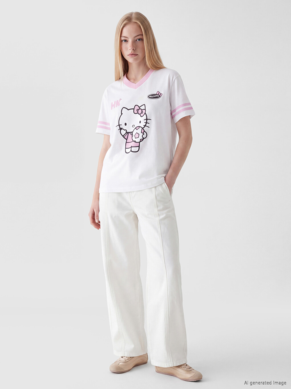Beyaz Hello Kitty Baskılı %100 Pamuklu Kadın Tişört-1