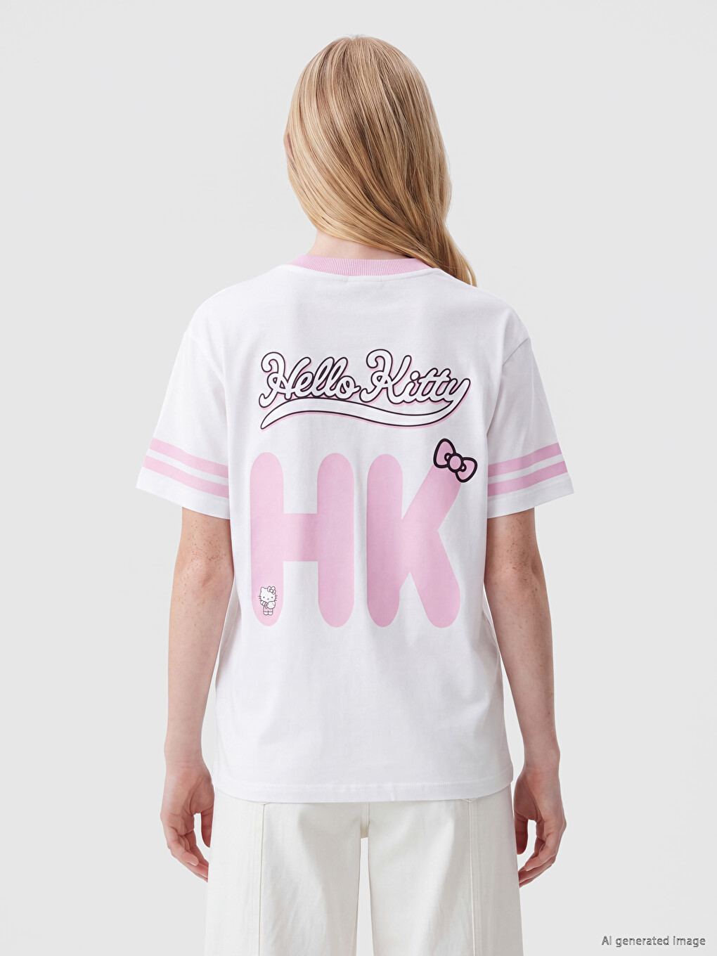 Beyaz Hello Kitty Baskılı %100 Pamuklu Kadın Tişört-3