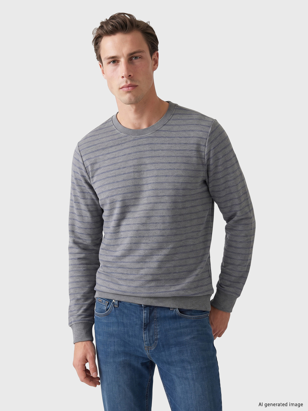 Gri Bisiklet Yaka Çizgili Erkek Sweatshirt