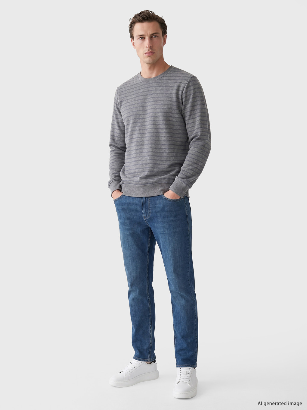 Gri Bisiklet Yaka Çizgili Erkek Sweatshirt-1