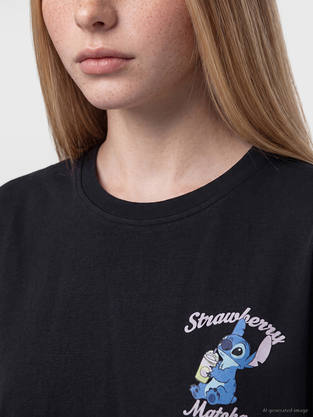 Antrasit Stitch Baskılı %100 Pamuklu Kadın Tişört-2