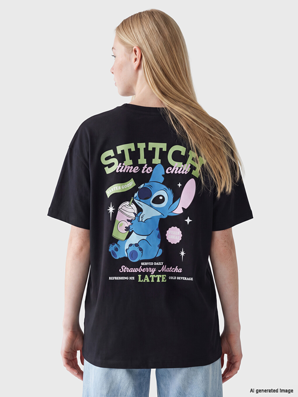 Antrasit Stitch Baskılı %100 Pamuklu Kadın Tişört-3