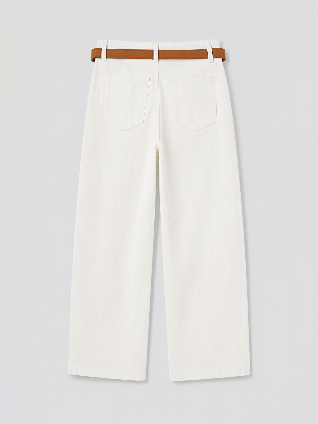 Beyaz Beli Kemerli Wideleg Kadın Jean Pantolon-1