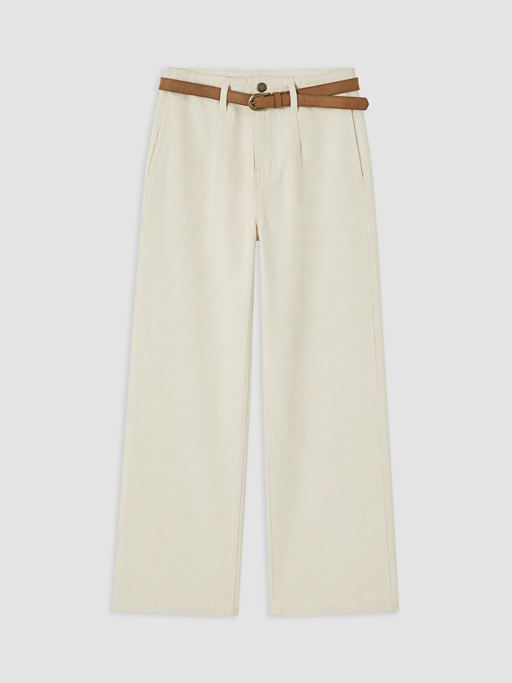 Ekru Beli Kemerli Wideleg Kadın Jean Pantolon
