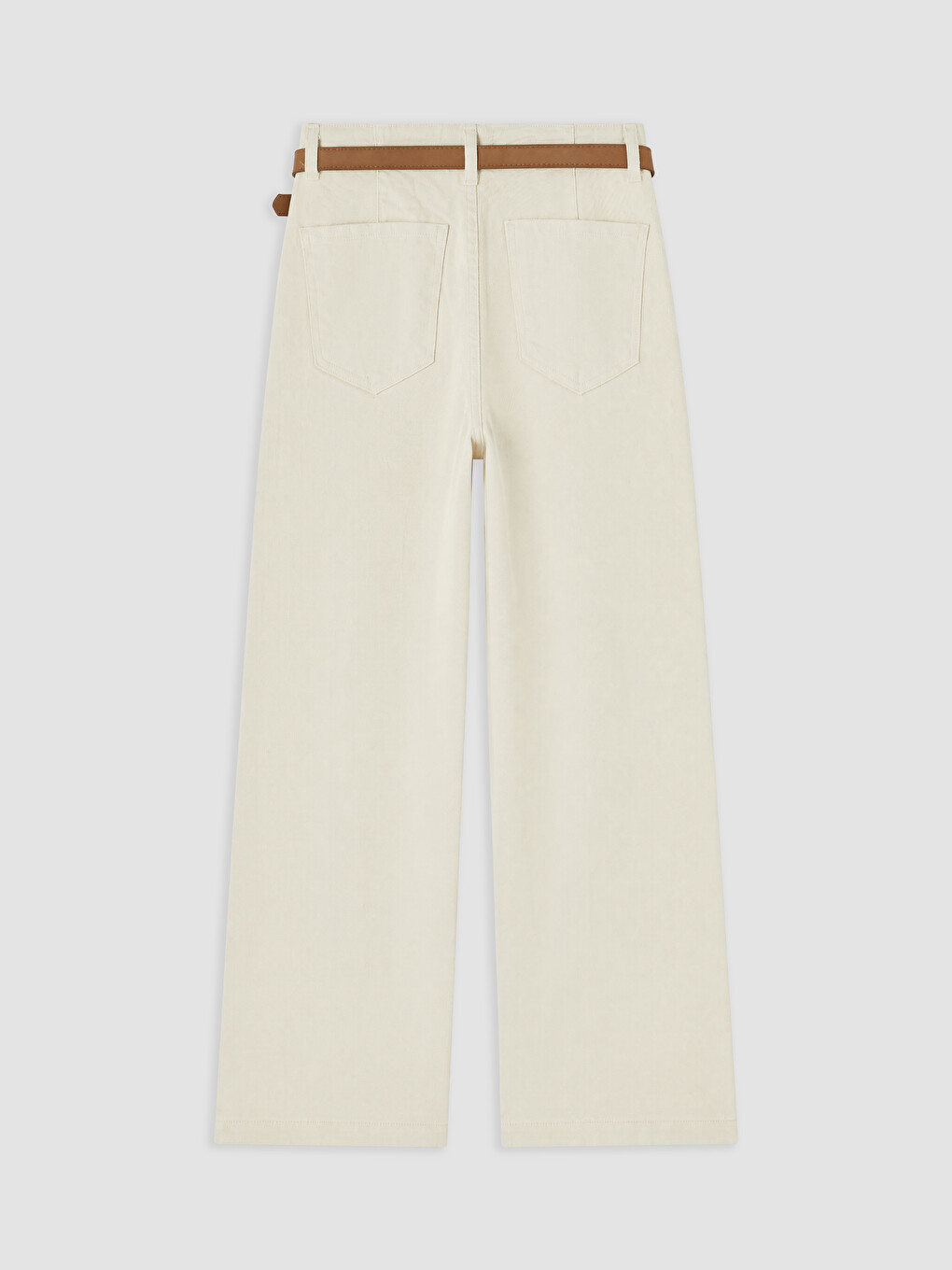 Ekru Beli Kemerli Wideleg Kadın Jean Pantolon-1