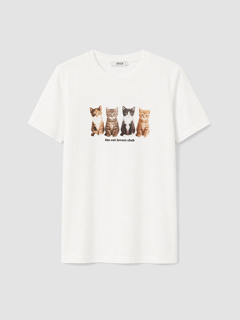 Beyaz Kedi Baskılı %100 Pamuklu Kadın Tişört