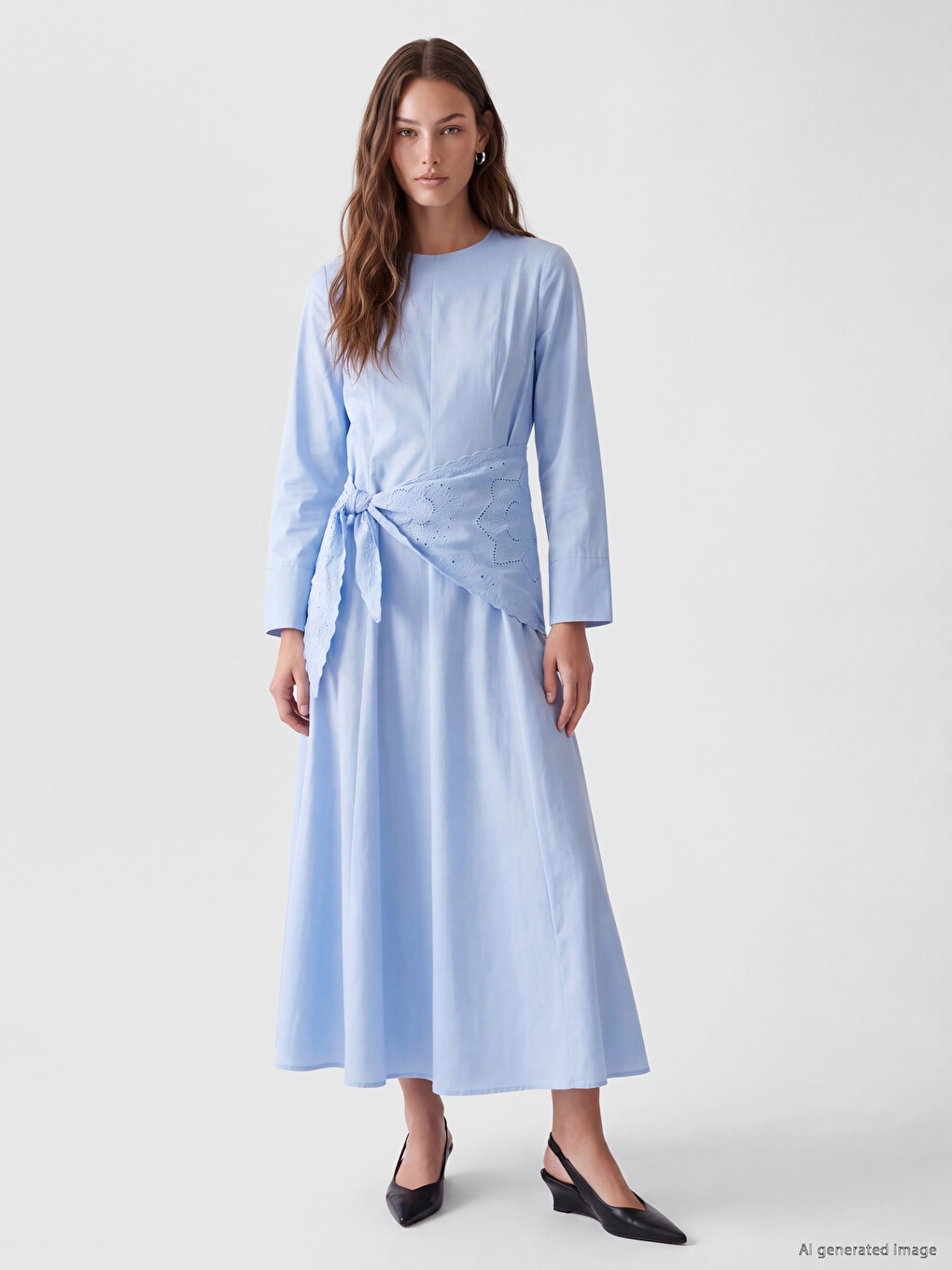 Crew Neck Shawl Detailed Poplin Dress-1