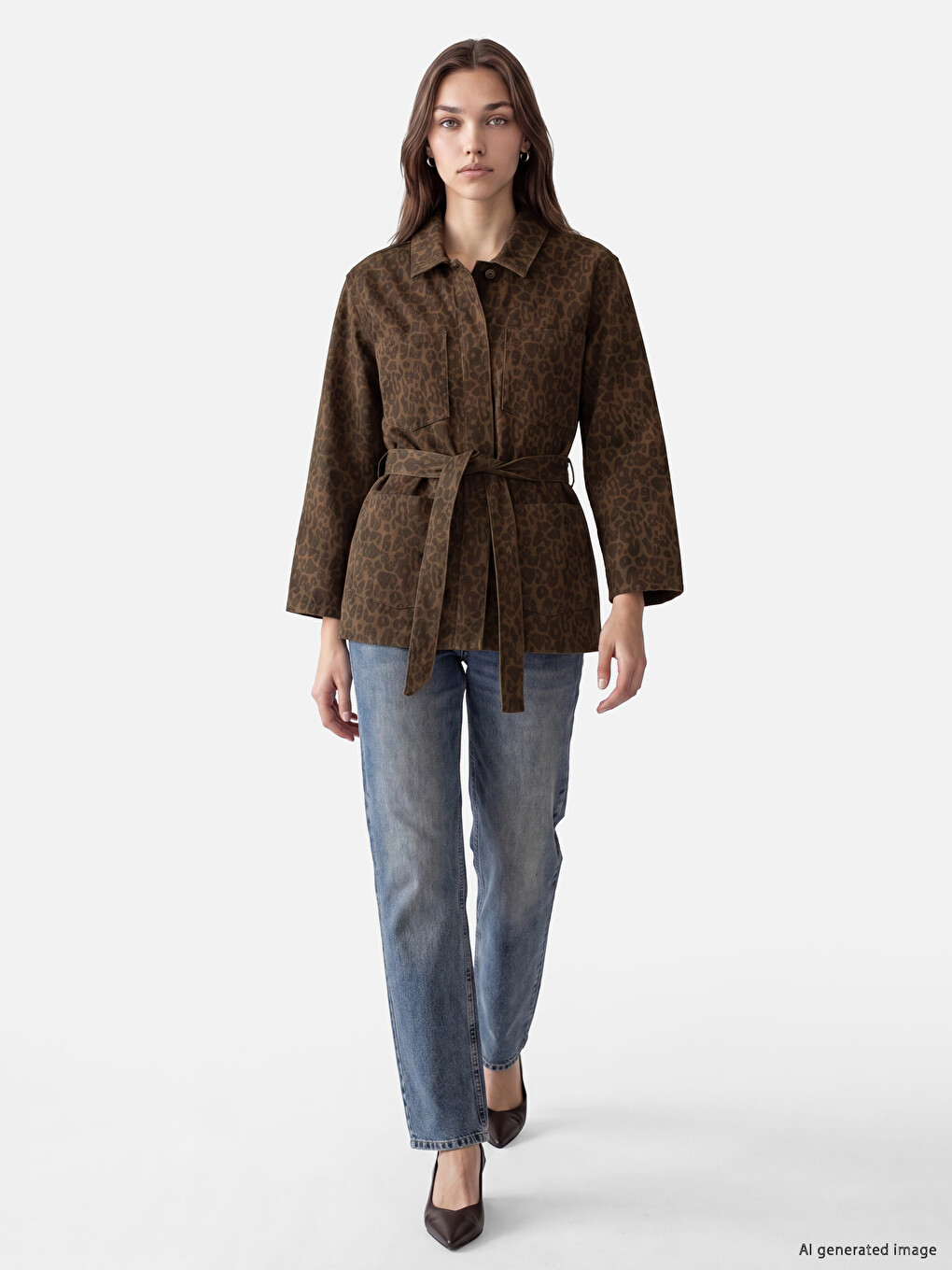 Shirt Collar Leopard Patterned Women's Jean Jacket-1