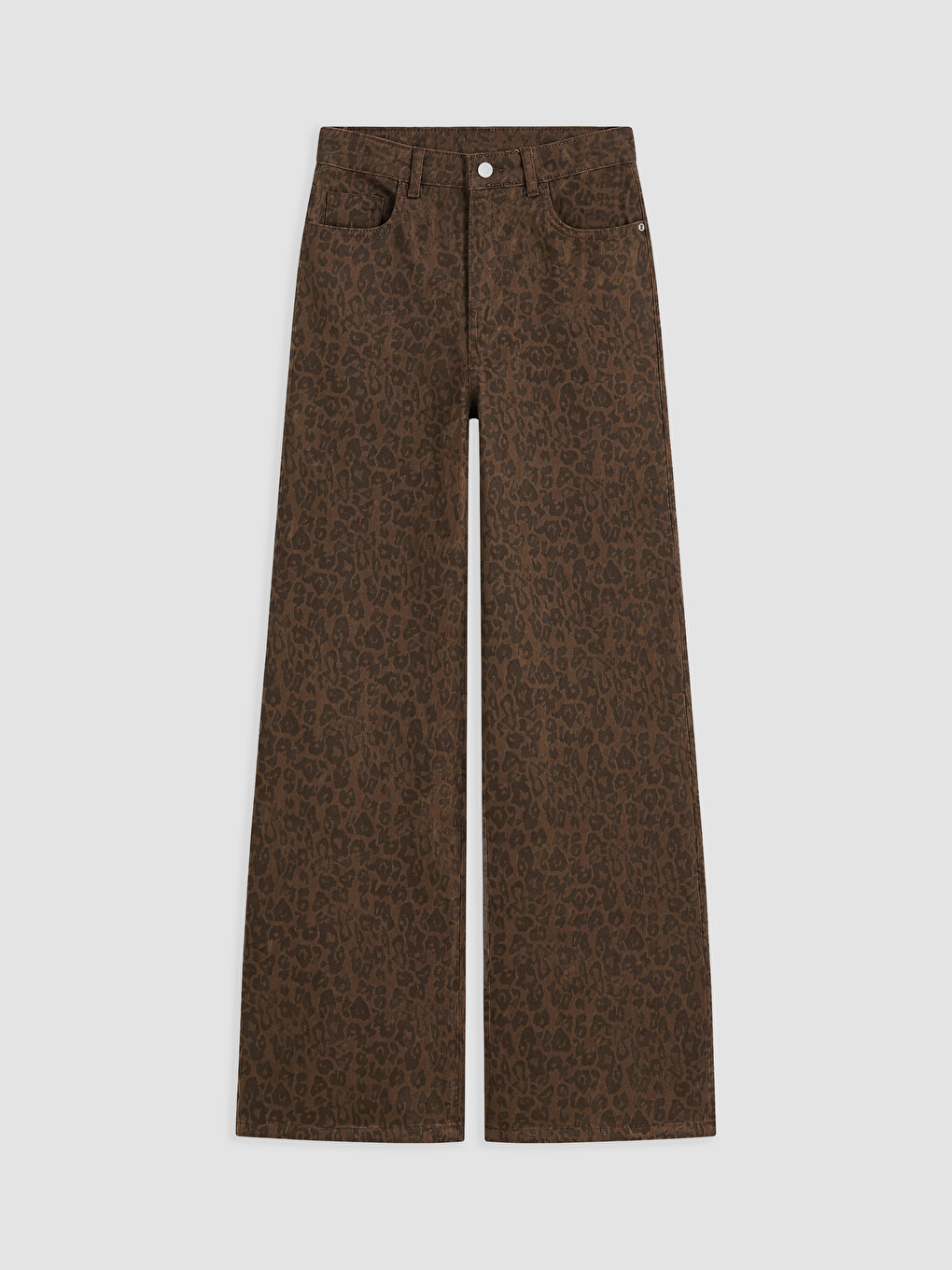Kahverengi Leopar Desenli Wideleg Kadın Jean Pantolon