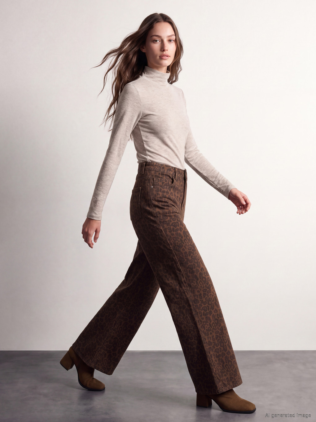 Kahverengi Leopar Desenli Wideleg Jean