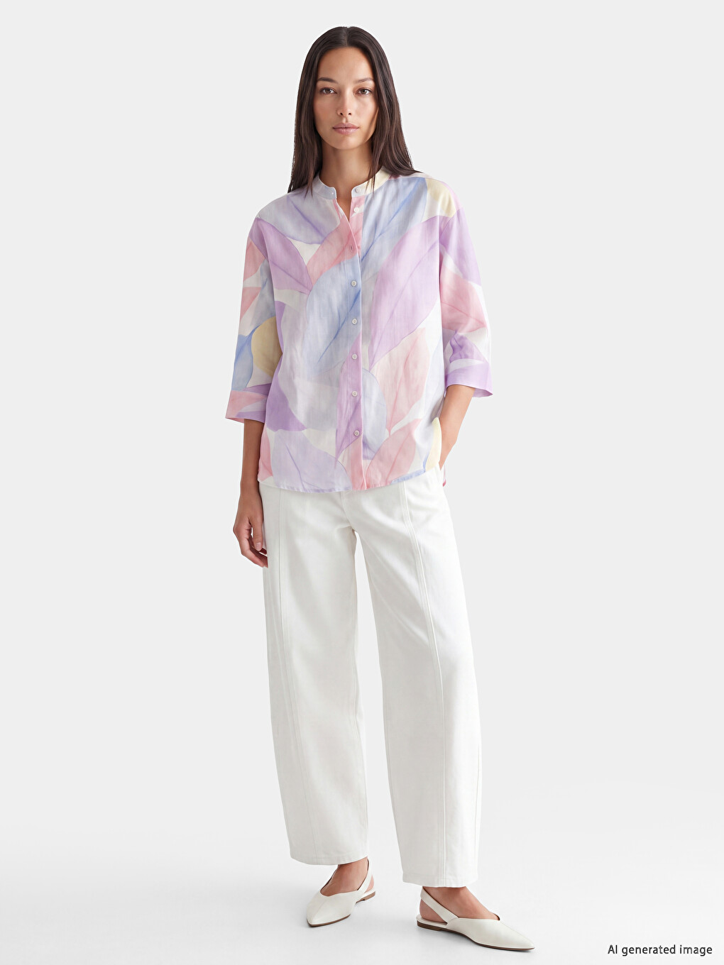Grandad Collar Patterned Oversize Women's Shirt-1