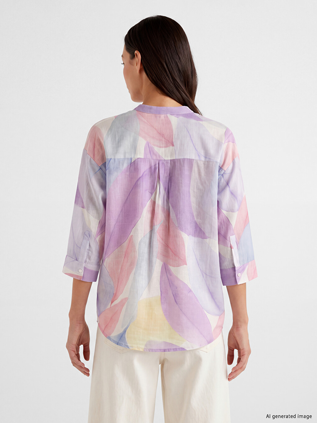 Grandad Collar Patterned Oversize Women's Shirt-3