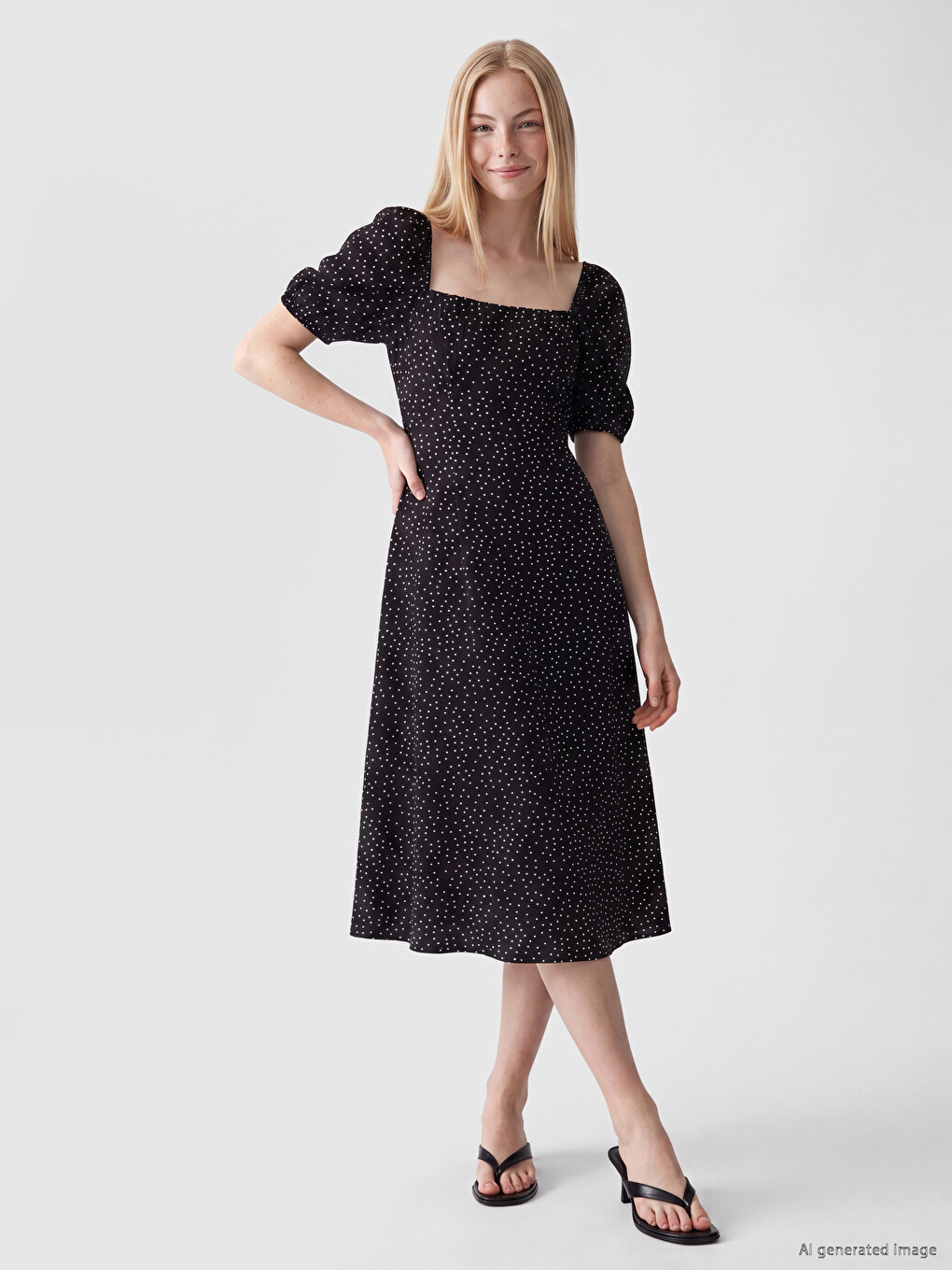 Square Neck Polka Dot Fitted Waist Dress