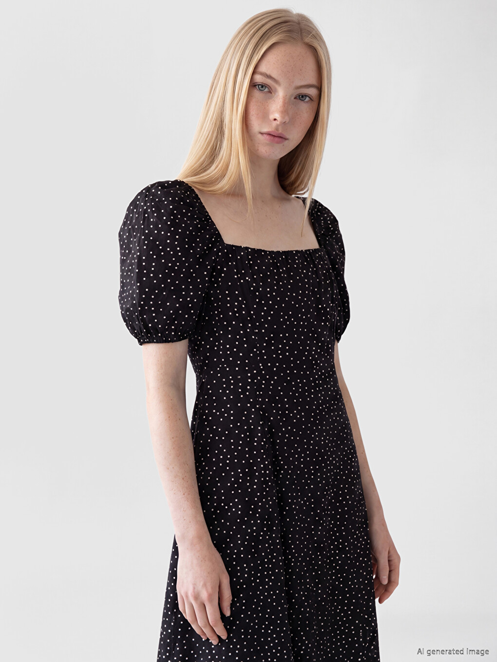 Square Neck Polka Dot Fitted Waist Dress-1