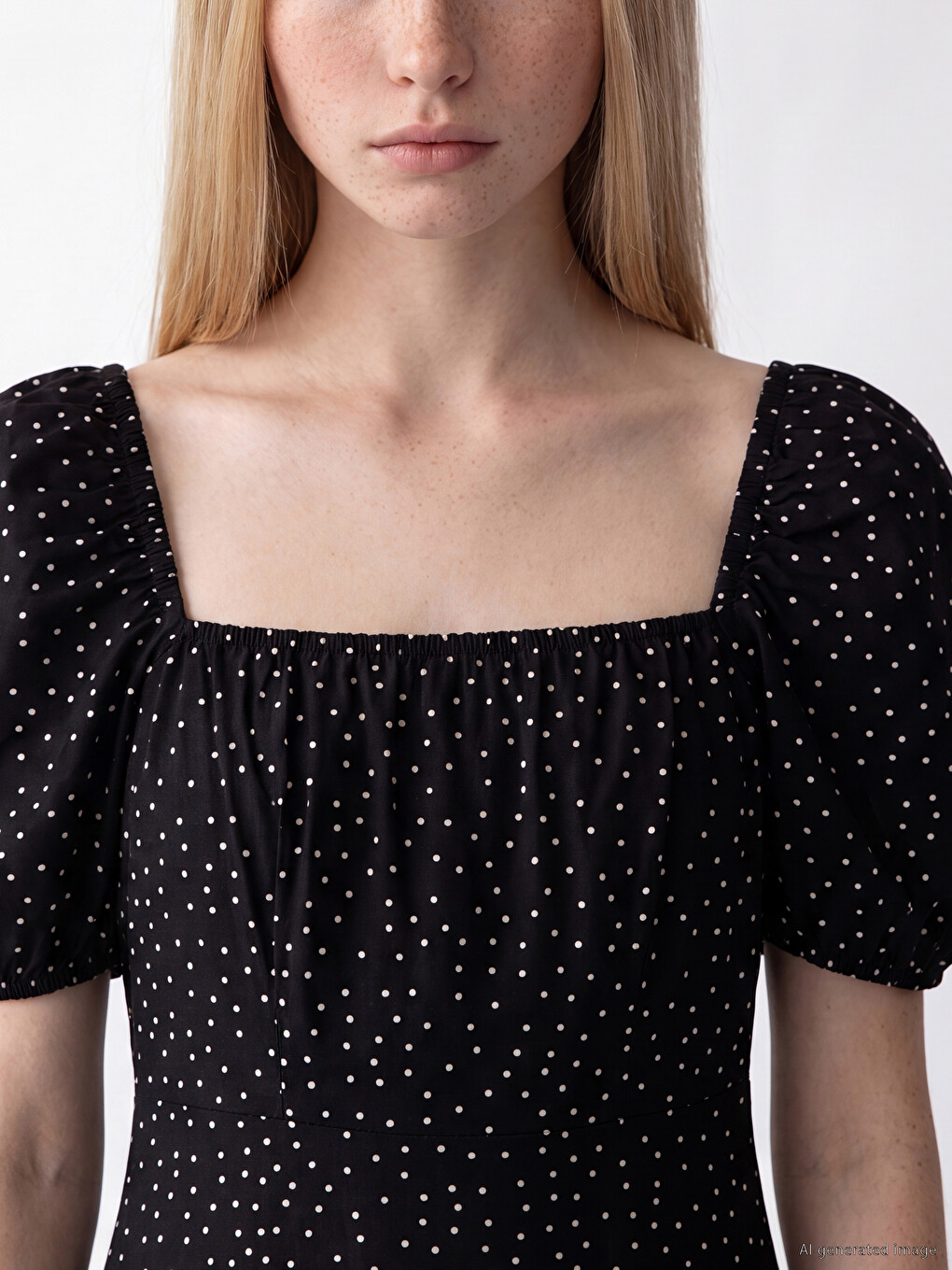 Square Neck Polka Dot Fitted Waist Dress-2