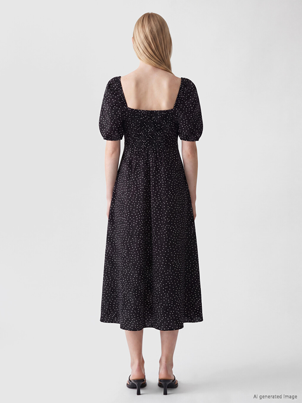 Square Neck Polka Dot Fitted Waist Dress-3
