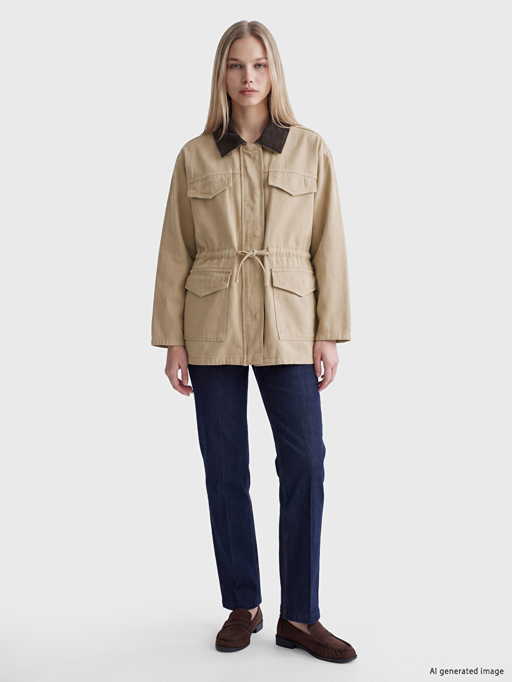 Ekru Kadife Yaka Oversize Kadın Jean Ceket-1
