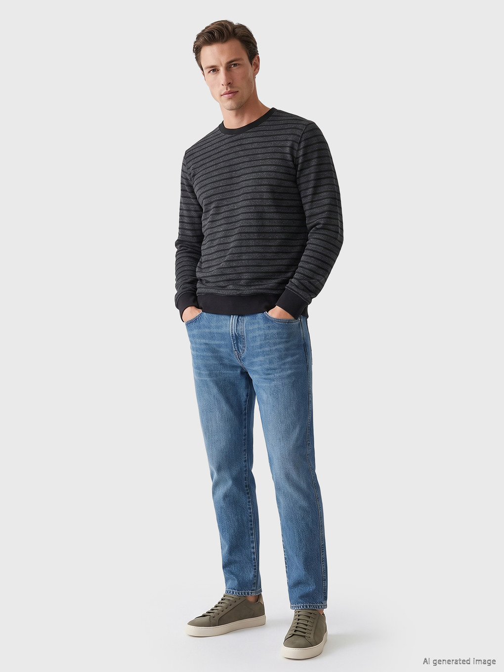 Siyah Bisiklet Yaka Çizgili Erkek Sweatshirt-1
