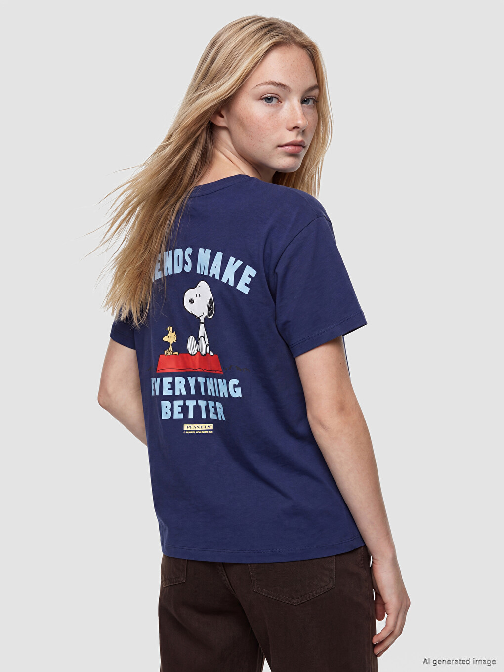 Lacivert Snoopy Baskılı %100 Pamuklu Kadın Tişört