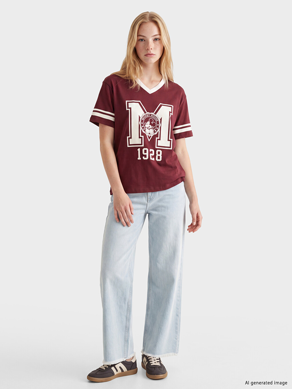 Bordo Mickey Mouse Baskılı Oversize Kadın Tişört-1