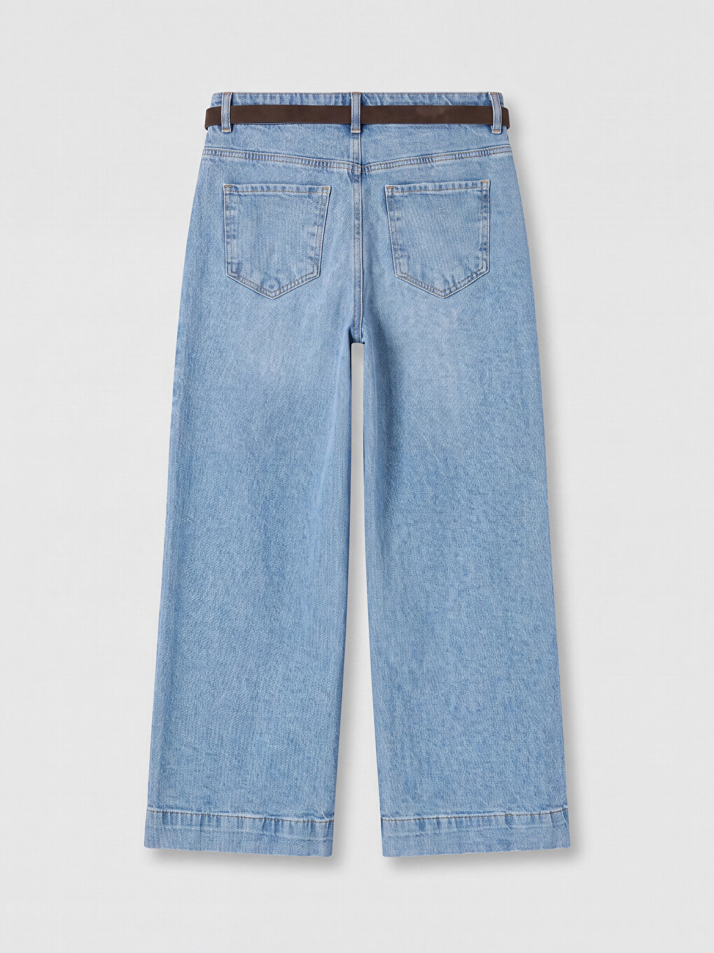 İndigo Beli Kemerli Wideleg Kadın Jean Pantolon-1