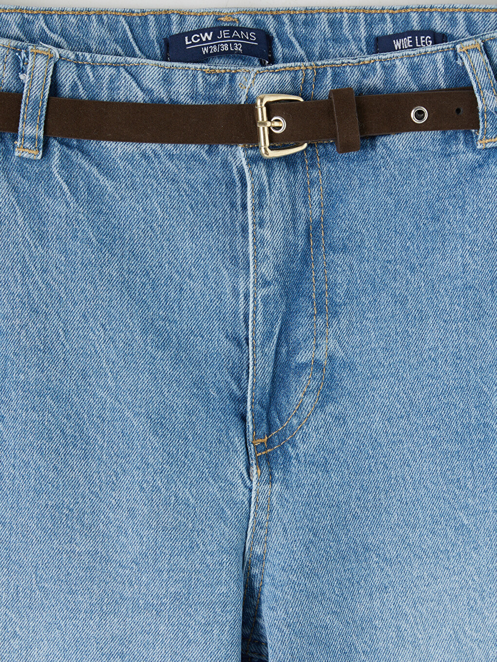 İndigo Beli Kemerli Wideleg Kadın Jean Pantolon-2